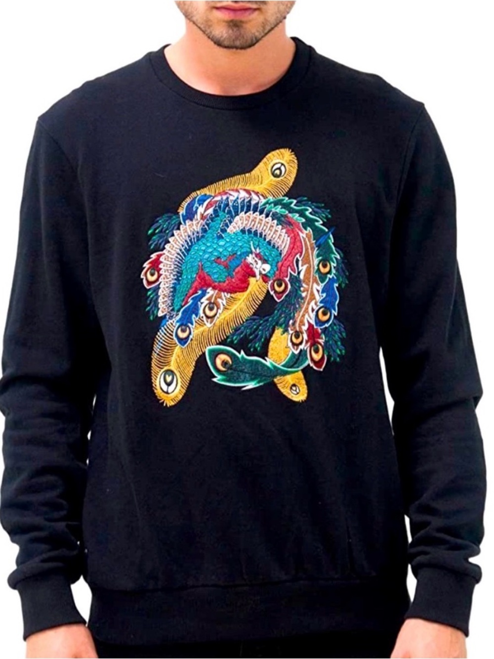 Eleven Paris Black Crewneck Sweater with Multicolor Embroidered Phoenix